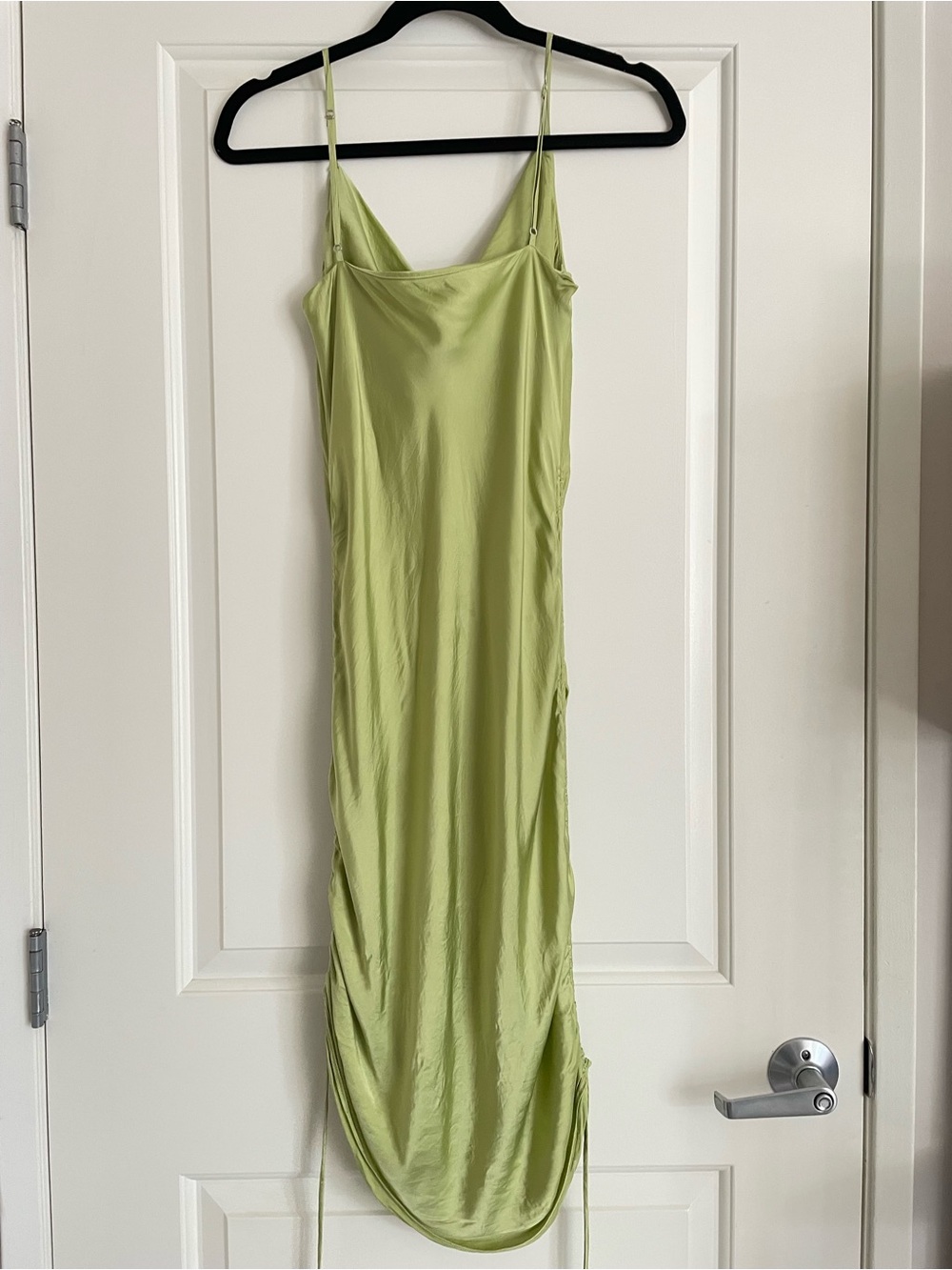 Aritzia Wilfred Dress Womens M Green Satin Slip Cowl Neck Ruched Mini Party - Picture 3 of 6